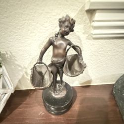 FINE SIGNED SUZANNE BIZARD GIRL WITH BASKETS FRENCH BRONZE/MARBLE FIGURE!!