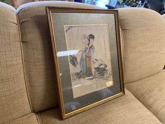 Traditional Japanese Ink Painting of Woman w/ Fan