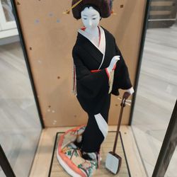 Vintage Japanese Large Geisha Doll w/Shamisen in Glass Case, 17.5 in. 