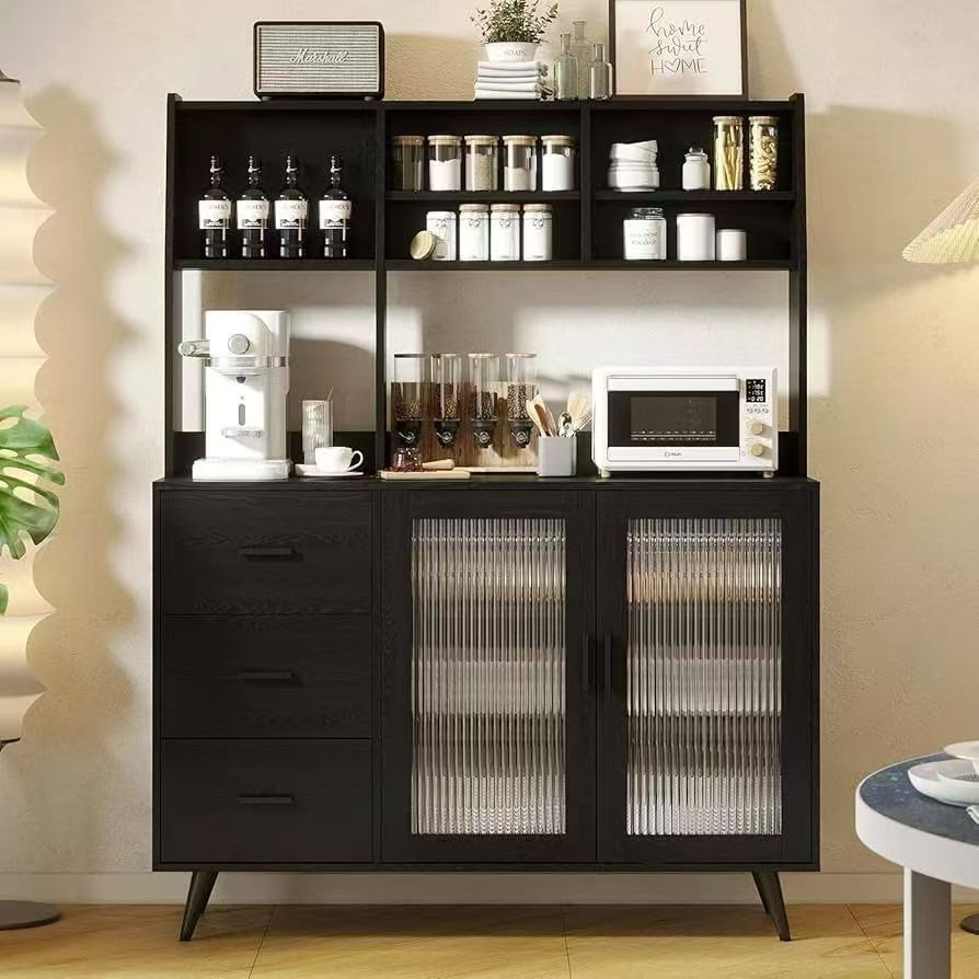 Kitchen Hutch Cabinet with Glass Door,Freestanding Pantry Storage Cabinet with Countertop & Adjustable Shelves for Dining Room,Black,$240