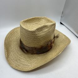 Vintage Tan Western Straw Cowboy Feather Band Hat Size 7.5