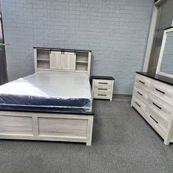 Rustic Smart Queen Bed with LED Lights & Bluetooth + Complete Bedroom Set for $1095