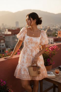 Cream Floral Short Sleeve Dress with Ruffled Hem