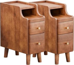 Nightstand with Drawers Set 2, Pre-Assembled, 19.7" H Natural Solid Wood Night Stand with Open