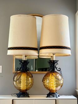 Huge Vintage Amber Glass Table Lamps (Pair) Nightlight Base