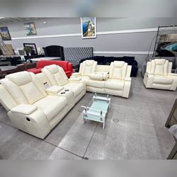 3PC Off white leather power recliner sofa set with Smart console