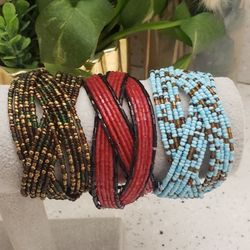 Braided Cuff Wrap Bracelet Seed Beads Multistrand Retro, Boho. 7.25"-7.75". 