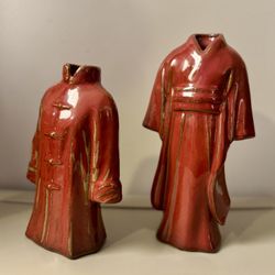 2 Elegant Asian Oriental Red Ceramic Glaze Kimono Dress Vases Home Decor 
