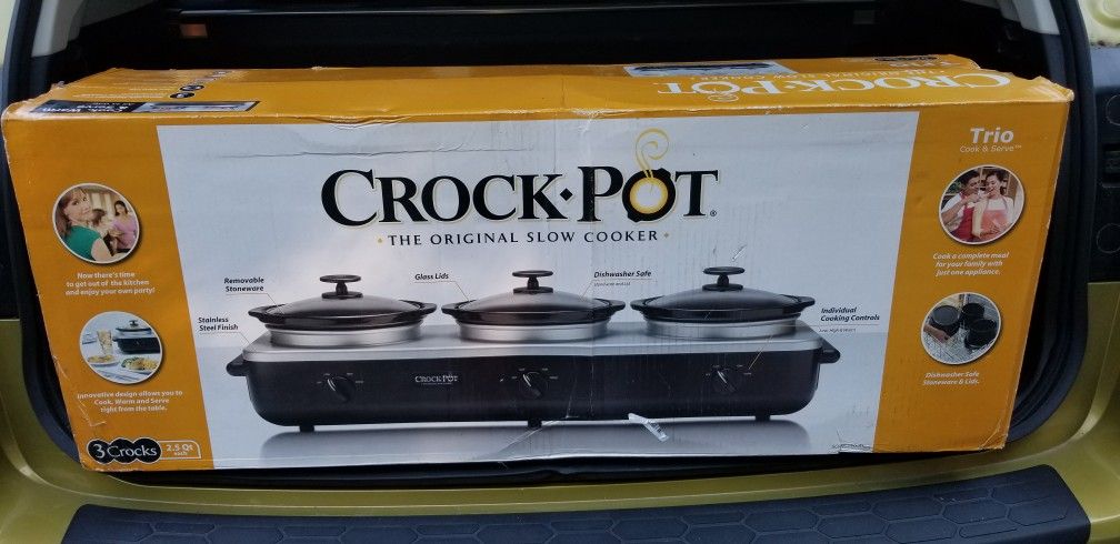 NEW IN BOX CROCK POT TRIO 2.5QT EACH CROCK POT.  HOLIDAYS ARE COMING SOON.  PICK UP MIDDLEBORO ONLY FINAL SALE 