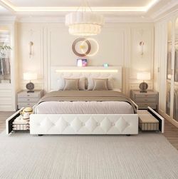 White Upholstered Bed Frame with LED Headboard and Storage