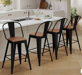 Set of 4 Black Metal Bar Stools with Wood Seats