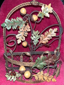 Fall Leaf Acorn Metal 11.5” x 10” x 3.5” Wall Pocket Basket NEW!