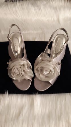 Nina evening silver satin sandals with 4" heel. Comfortable with small scratch on front bottom tips