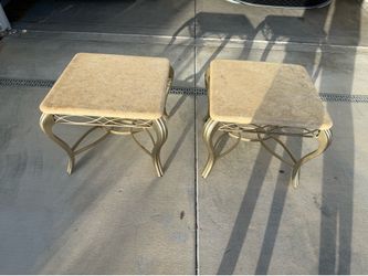 Patio Side Tables – Set of 2 – Stone Top & Metal Frame