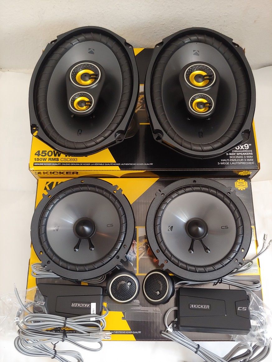 KICKER 1 PAIR 6.5" 300 WATTS COMPONENT SET WITH CROSSOVER & 1 PAIR 6×9 3 WAY 450 WATTS CAR SPEAKER ( BRAND NEW PRICE IS LOWEST INSTALL NOT AVAILABLE )