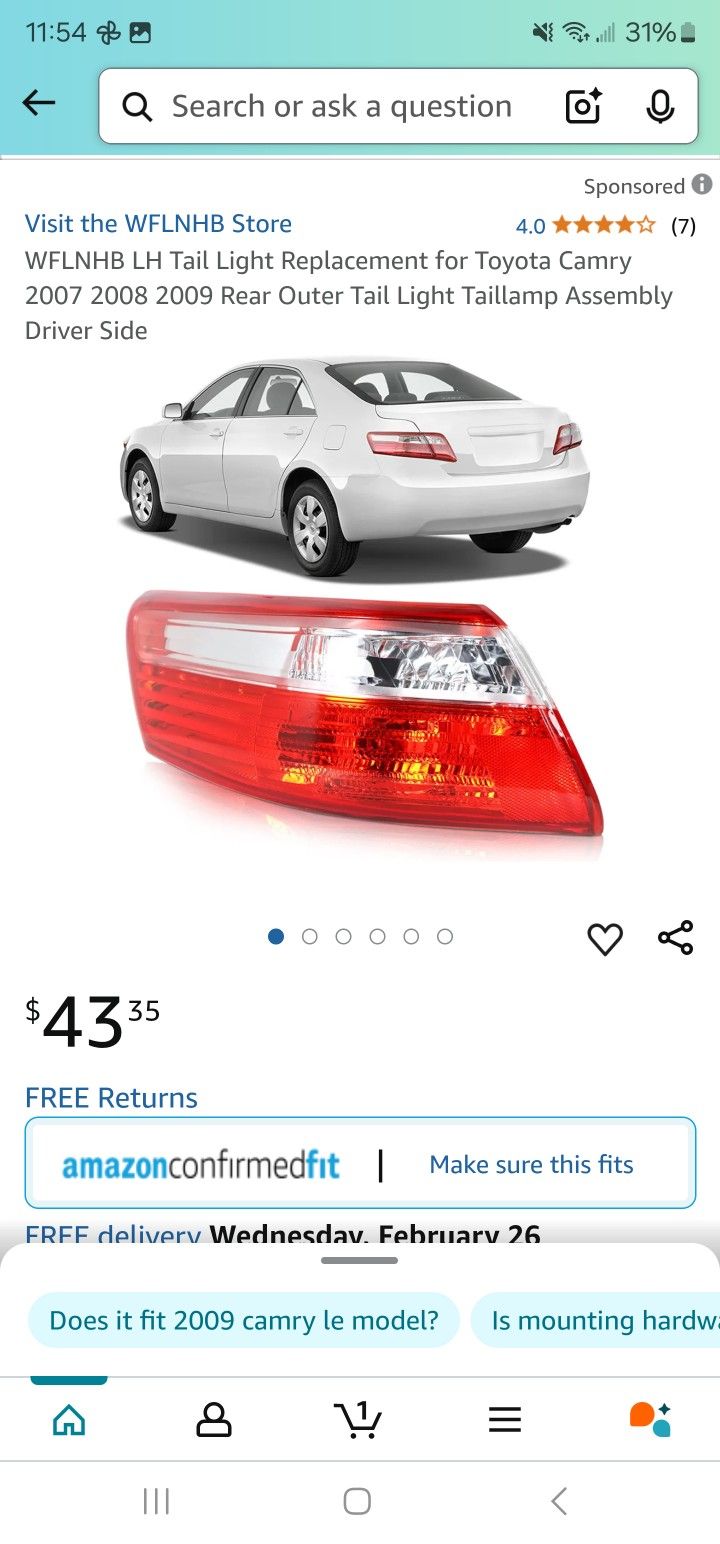 Left Driver Side Taillight For 07-09 Camry