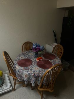 ROUND WOODEN DINING TABLE + CHAIRS