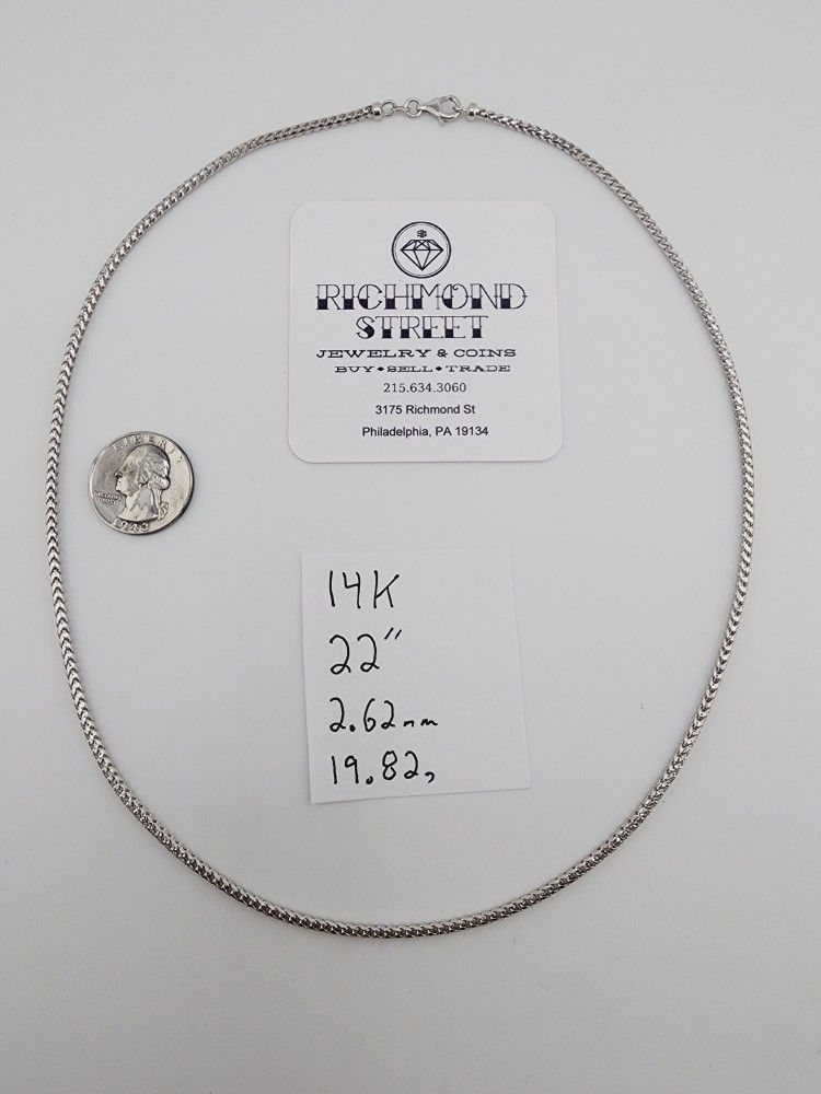14k white gold 22" round box link chain