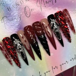 3XL stiletto Halloween press on nails French tips rhinestones ombré 3d gel red