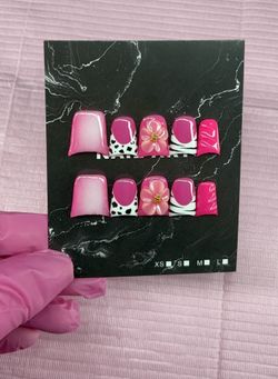 Short duck Press on nails pink animal print aura white black 3D gel flowers gold
