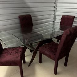 Modern Glass Dining Table Set -sculptural Wood Base -4 Chairs