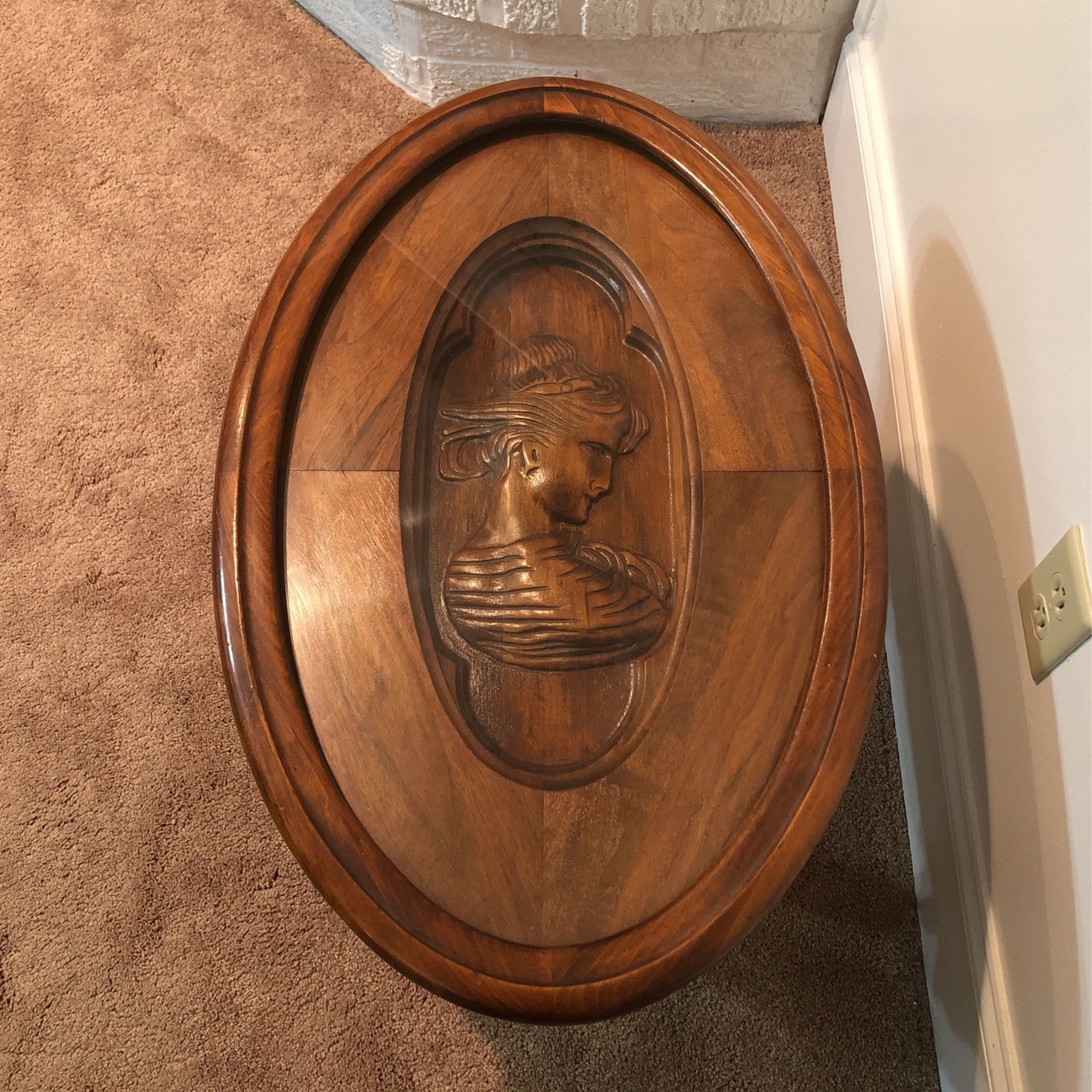 Carved Cameo Side Table w/hlass top, 18” Tall, Top 29” X 19” Excellent Condition