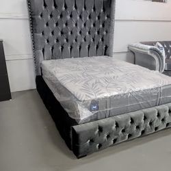 Queen Charcoal Velvet Upholstered Queen Bed Frame