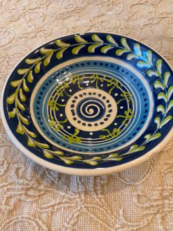 Artist signed handmade pottery trinket or decor dish. Small. 6 x 2 inch. Blue & green design.