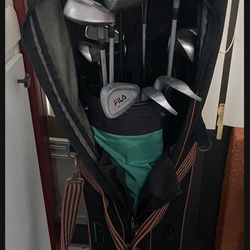 14 Golf Clubs, bag, and bag cover  