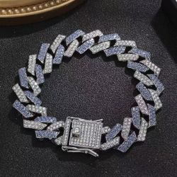 12mm Thick European And American Hip-hop Diamond Cuban Chain Necklace Bracelet Men Blue Silver/Blue Gold Color Combination Influx of Men's Accessories