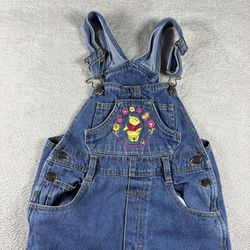 Vintage Disney Winnie The Pooh Overalls Youth Girls Size 7 Blue Embroidered#2863