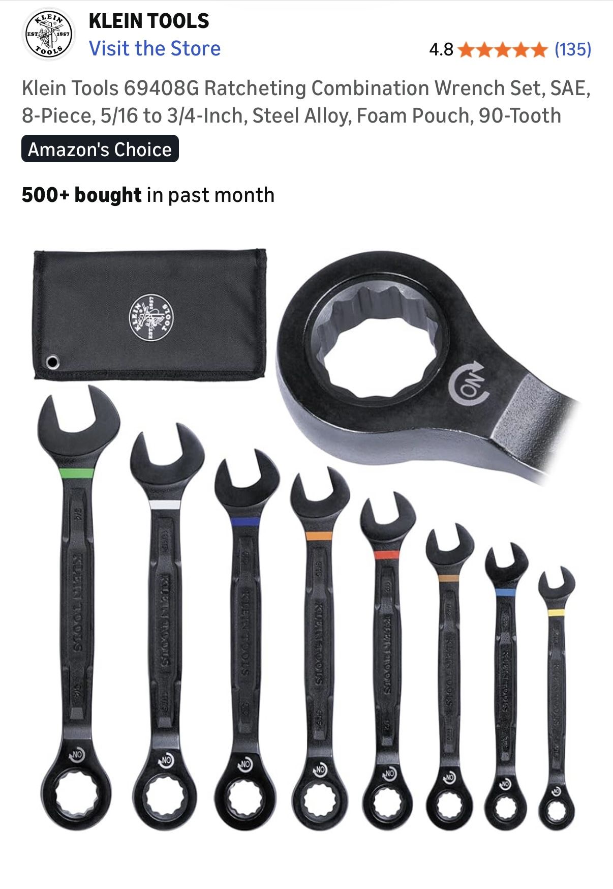 Klein Tools 69408G Ratcheting Combination Wrench Set, SAE, 8-Piece, 5/16 to 3/4-Inch, Steel Alloy, Foam Pouch, 90-Tooth