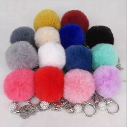 12 Assorted Color Pom Poms With Bling Keychains