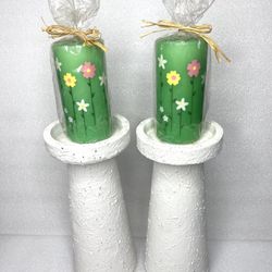 Lot Of 2 - Opal House Jungalow Candle Holder Chalk White (12”H x 5”D) - With (2) Green Candles - As Shown - OBO