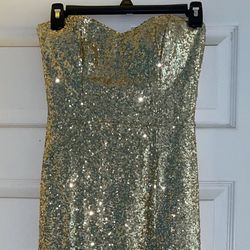 B. Darlin Gold Strapless Sequin Dress with a High Slit High Hem Long Gown