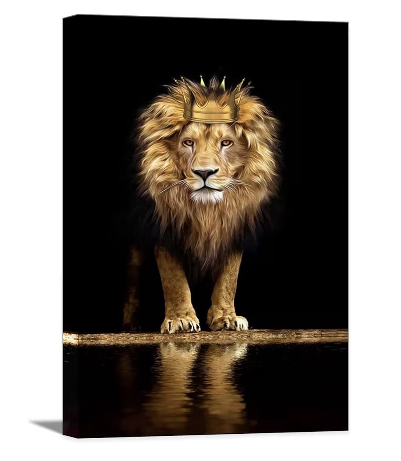 Lion Animal Canvas Print Wall Art Honorable and confident With Crown Black and Gold Framed and Stretched Pictures for Living Room Bedroom Home Office