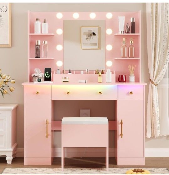 Pink Vanity desk with mirror Lights And Stool