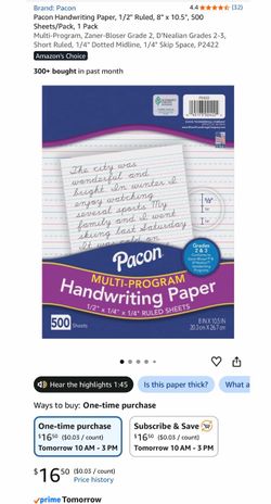 Pacon Handwriting Paper, 1/2" Ruled, 8" x 10.5", 500 Sheets