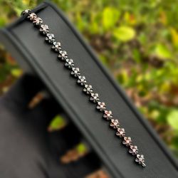 Vintage Art Deco Jewelry .925 Sterling Silver Flower CZ stone 1.5CTW oxidative bracelet 7.00” 8.00mm 8.70g