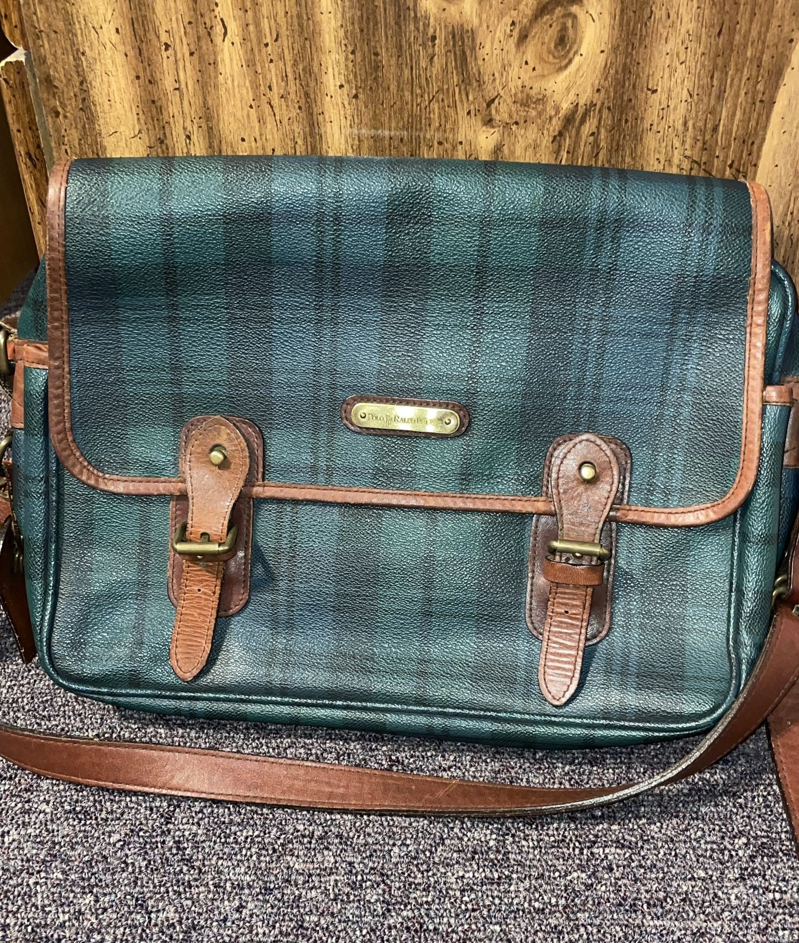 Vintage Polo Ralph Lauren Blackwatch Plaid Leather Messenger Shoulder Bag Rare
