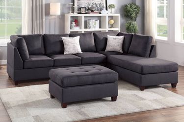 Brand new ash black linen 112" x 85" sectional + ottoman