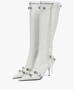 Ancomafio Knee High Boots for Women Stiletto Heel Studded Boots Pointed Toe Rivets Tassel Boot Sexy High Heel Punk Boots Zipper, Shoe Size 8.5