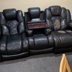 Leather couch with 2 power chairs