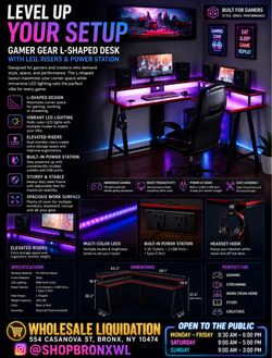 GAMER GEAR L-SHAPED DESK WITH LED, RISERS & POWER STATION