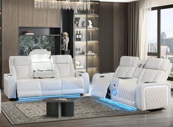 NEW🧊Electra White 2PC Power Motion Sofa and Love Seat with Massage, LED, Wireless Charging & Bluetooth