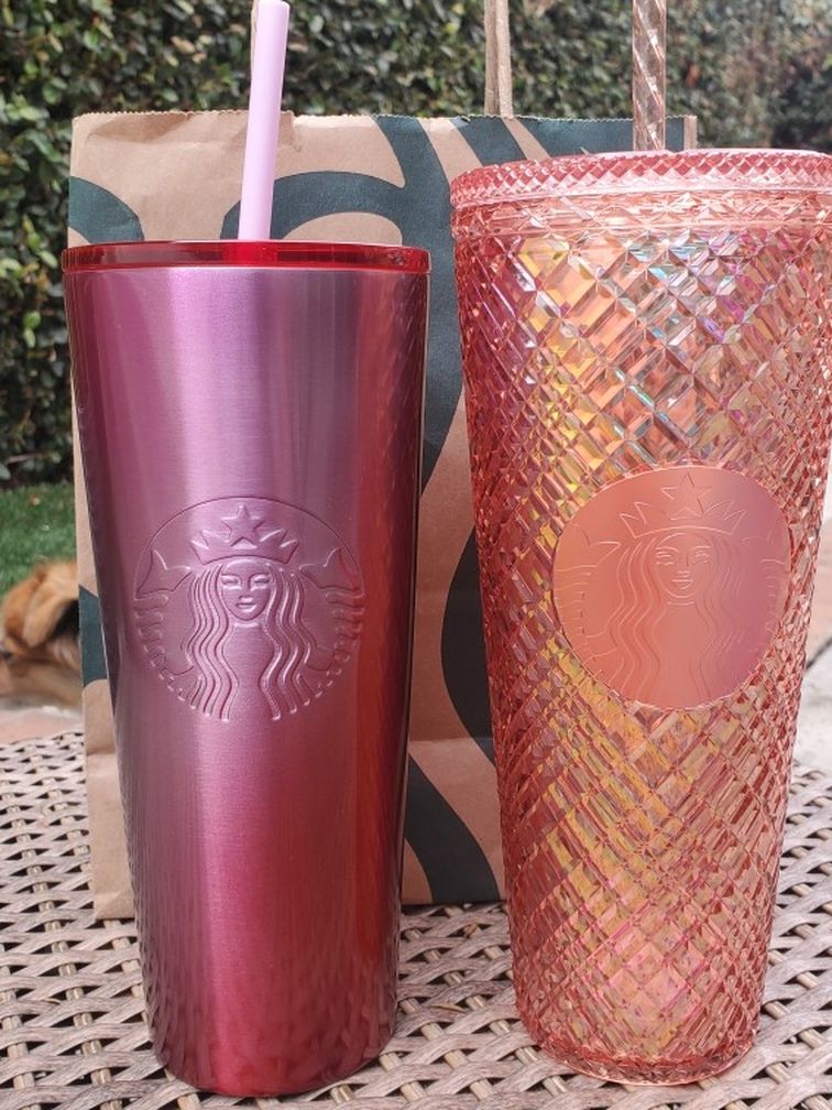 Starbucks Tumblers Pink Ombre And Peach Bling Grid Jeweled Holiday