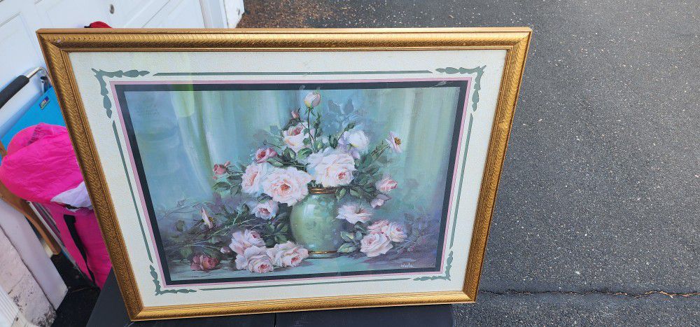 Home Interiors Framed Print Pink Roses Overflowing in Green Vase Wanta 26x32 in