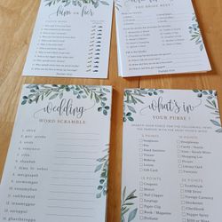 Bridal shower accessories paper parasol, lace fan, flower hair vine, shower quiz game, photo booth props, Bride sash, makeup bag & clutch purse

Condi