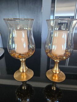 2 BEAUTIFUL GOLD 13inch HURRICANNE LAMPS, CANDLES AND GLASS BEADS HURRICANNE LAMPS, CANDLES AND GLASS BEADS