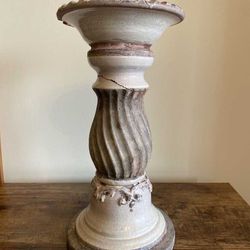 Terracotta Glazed Candlestick Pedestal With Swirl Design & Crackle 13" Tall